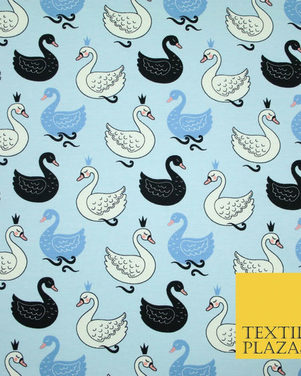 Light Blue Elegant Swan Birds Printed Soft Cotton Jersey Stretch Fabric 59" 4980