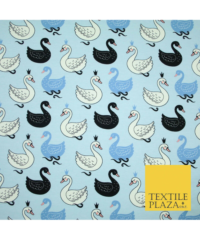 Light Blue Elegant Swan Birds Printed Soft Cotton Jersey Stretch Fabric 59" 4980