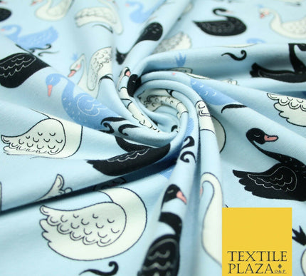 Light Blue Elegant Swan Birds Printed Soft Cotton Jersey Stretch Fabric 59" 4980