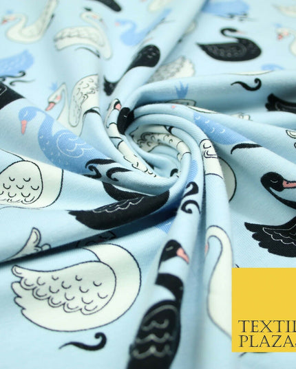 Light Blue Elegant Swan Birds Printed Soft Cotton Jersey Stretch Fabric 59" 4980