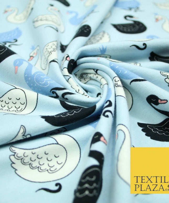 Light Blue Elegant Swan Birds Printed Soft Cotton Jersey Stretch Fabric 59" 4980