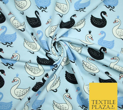 Light Blue Elegant Swan Birds Printed Soft Cotton Jersey Stretch Fabric 59" 4980