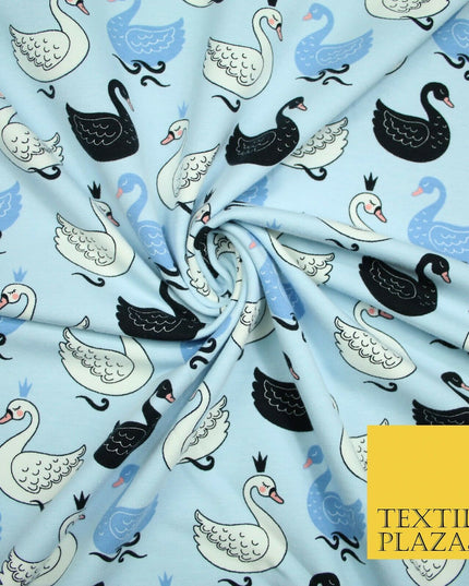 Light Blue Elegant Swan Birds Printed Soft Cotton Jersey Stretch Fabric 59" 4980