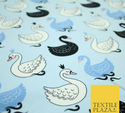 Light Blue Elegant Swan Birds Printed Soft Cotton Jersey Stretch Fabric 59" 4980