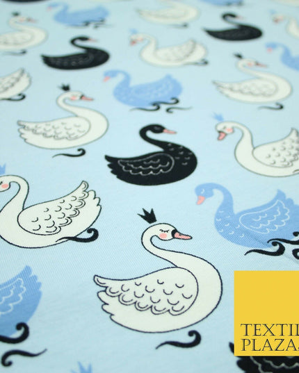 Light Blue Elegant Swan Birds Printed Soft Cotton Jersey Stretch Fabric 59" 4980