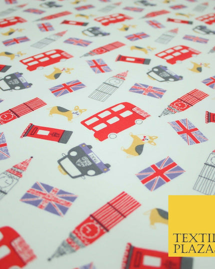 London Bus Taxi Corgi Big Ben Flag Printed 100% Cotton Poplin Fabric Face Masks
