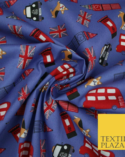 London Bus Taxi Corgi Big Ben Flag Printed 100% Cotton Poplin Fabric Face Masks