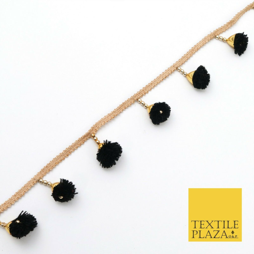 BLACK Pom Pom Tassels Indian Woven Gold Trim Ribbon Border Lace Ethnic X262