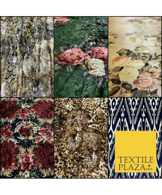 Various Floral Ornate Leopard Flowers Printed Soft Stretch Velvet Dress Fabric 2