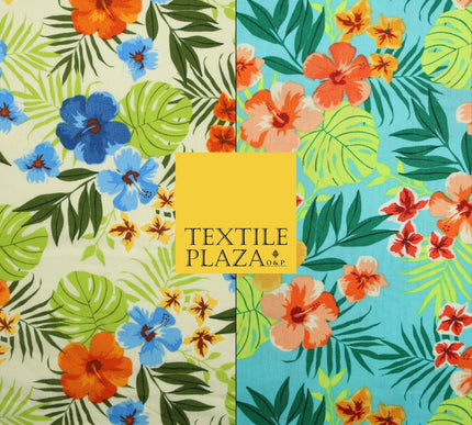 Tropical Exotic Artsy Floral Leaves Printed 100% COTTON POPLIN Fabric 58" Wide