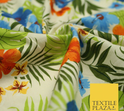 Tropical Exotic Artsy Floral Leaves Printed 100% COTTON POPLIN Fabric 58" Wide