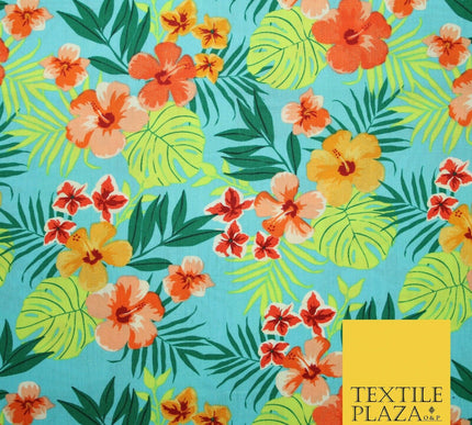 Tropical Exotic Artsy Floral Leaves Printed 100% COTTON POPLIN Fabric 58" Wide