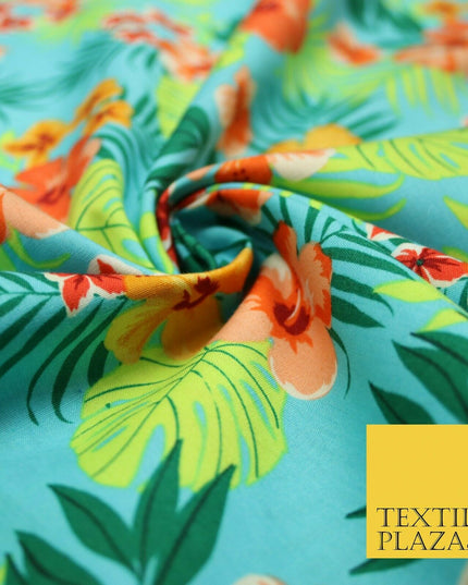 Tropical Exotic Artsy Floral Leaves Printed 100% COTTON POPLIN Fabric 58" Wide