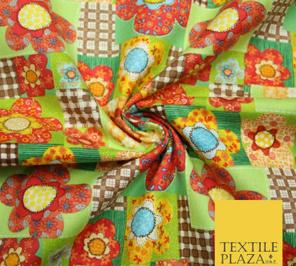 Brown Colourful Floral Patchwork Printed Soft 100% COTTON POPLIN Fabric 44" 4996