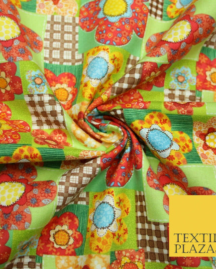 Brown Colourful Floral Patchwork Printed Soft 100% COTTON POPLIN Fabric 44" 4996