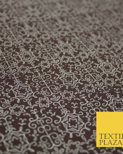 Brown Intricate Star Stencil Lattice Printed 100% COTTON POPLIN Fabric 54" 4998