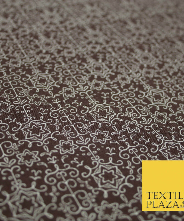 Brown Intricate Star Stencil Lattice Printed 100% COTTON POPLIN Fabric 54" 4998