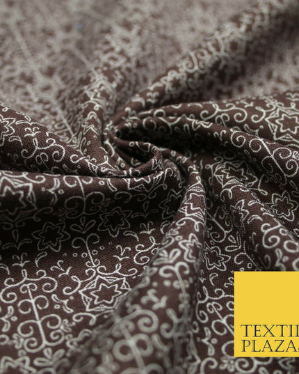 Brown Intricate Star Stencil Lattice Printed 100% COTTON POPLIN Fabric 54" 4998