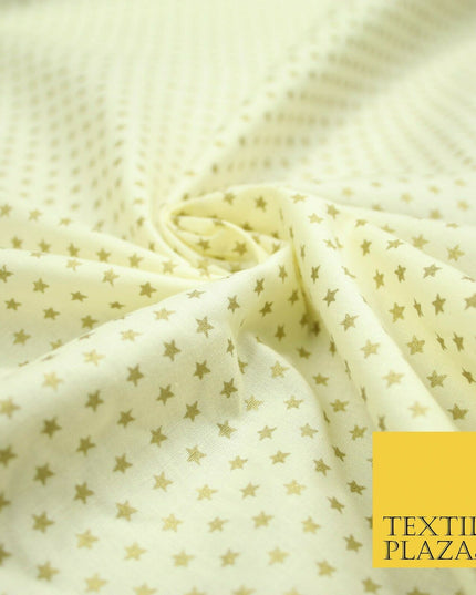 Lemon Cream Mini Metallic Gold Stars 100% Cotton Fabric Sewing Craft Dress 5009