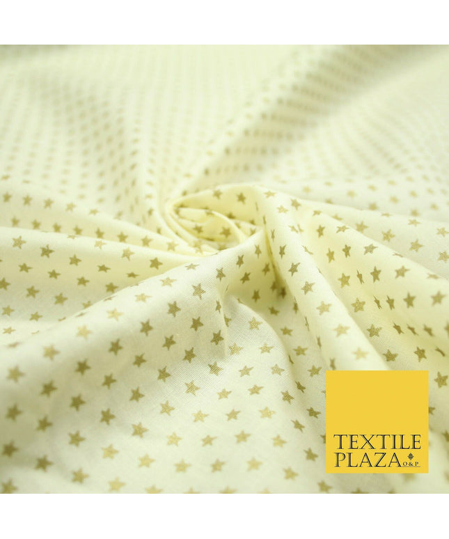 Lemon Cream Mini Metallic Gold Stars 100% Cotton Fabric Sewing Craft Dress 5009