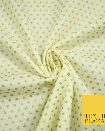 Lemon Cream Mini Metallic Gold Stars 100% Cotton Fabric Sewing Craft Dress 5009