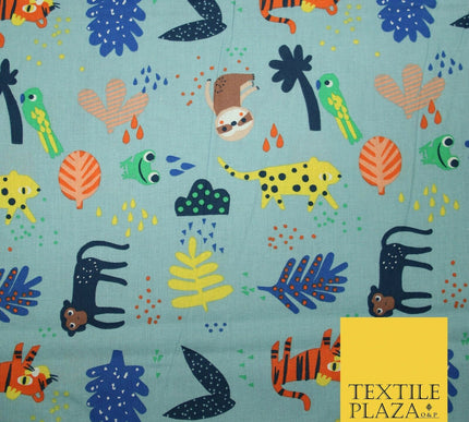 Dusty Blue Tiger Frog Monkey Animals Printed 100% COTTON POPLIN Fabric 56" 4995
