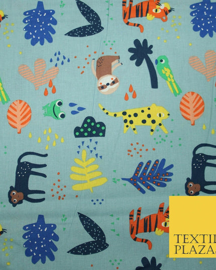 Dusty Blue Tiger Frog Monkey Animals Printed 100% COTTON POPLIN Fabric 56" 4995