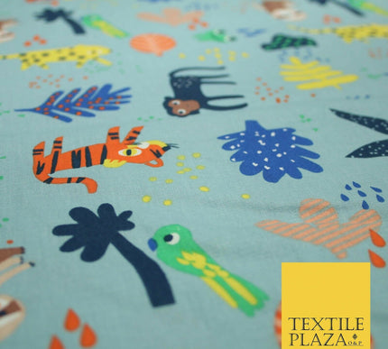 Dusty Blue Tiger Frog Monkey Animals Printed 100% COTTON POPLIN Fabric 56" 4995