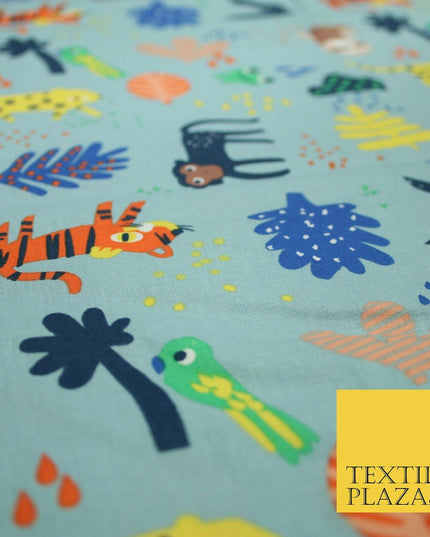 Dusty Blue Tiger Frog Monkey Animals Printed 100% COTTON POPLIN Fabric 56" 4995