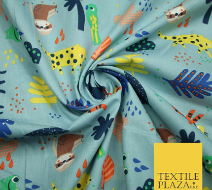 Dusty Blue Tiger Frog Monkey Animals Printed 100% COTTON POPLIN Fabric 56" 4995