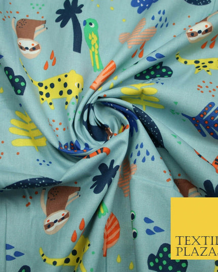 Dusty Blue Tiger Frog Monkey Animals Printed 100% COTTON POPLIN Fabric 56" 4995