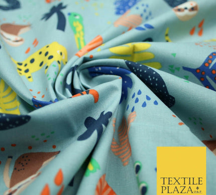 Dusty Blue Tiger Frog Monkey Animals Printed 100% COTTON POPLIN Fabric 56" 4995