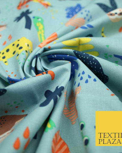 Dusty Blue Tiger Frog Monkey Animals Printed 100% COTTON POPLIN Fabric 56" 4995