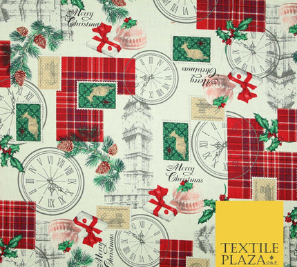 Cream Vintage Christmas Clock Conifer Tartan Check Patch 100% Cotton Fabric 5010