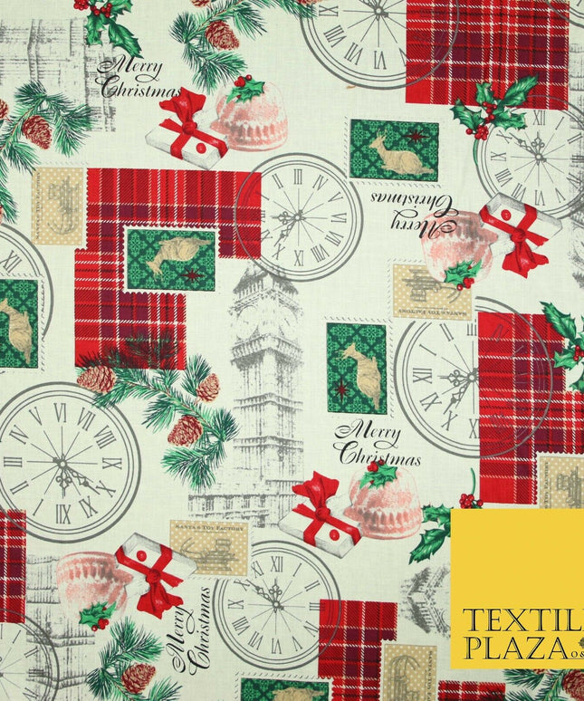 Cream Vintage Christmas Clock Conifer Tartan Check Patch 100% Cotton Fabric 5010