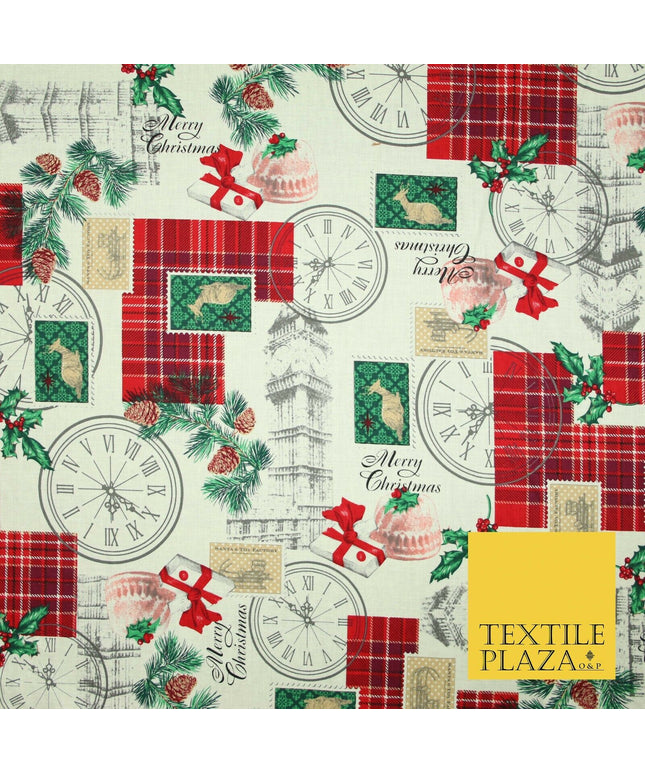 Cream Vintage Christmas Clock Conifer Tartan Check Patch 100% Cotton Fabric 5010