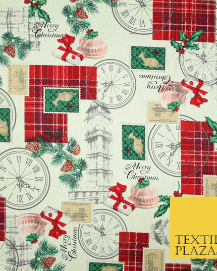 Cream Vintage Christmas Clock Conifer Tartan Check Patch 100% Cotton Fabric 5010