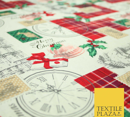 Cream Vintage Christmas Clock Conifer Tartan Check Patch 100% Cotton Fabric 5010