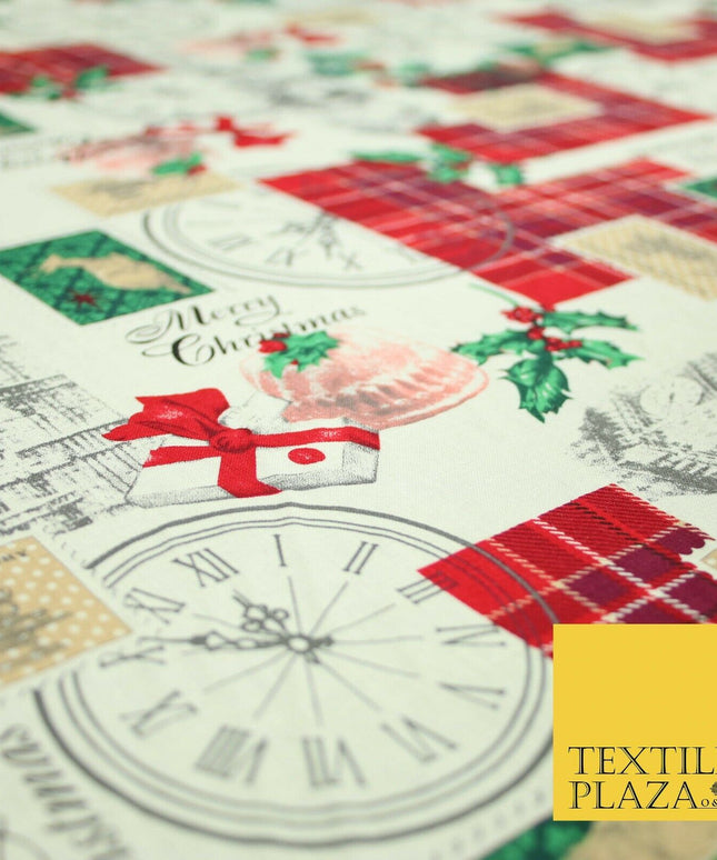 Cream Vintage Christmas Clock Conifer Tartan Check Patch 100% Cotton Fabric 5010