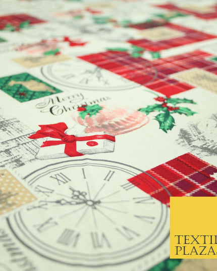 Cream Vintage Christmas Clock Conifer Tartan Check Patch 100% Cotton Fabric 5010