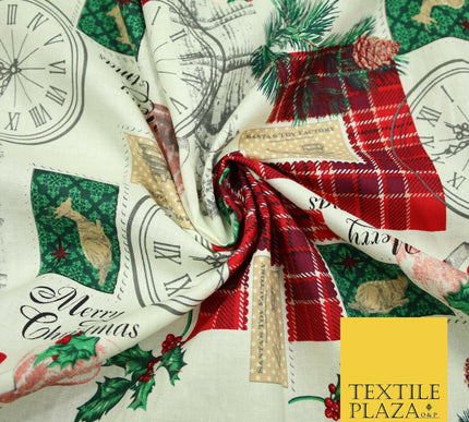 Cream Vintage Christmas Clock Conifer Tartan Check Patch 100% Cotton Fabric 5010
