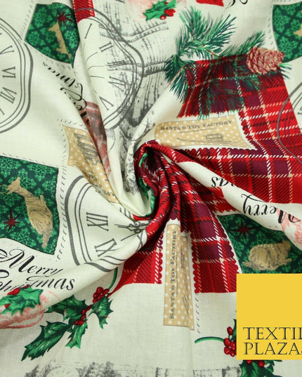 Cream Vintage Christmas Clock Conifer Tartan Check Patch 100% Cotton Fabric 5010
