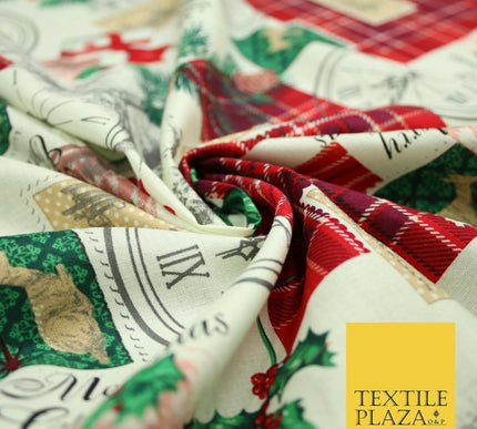 Cream Vintage Christmas Clock Conifer Tartan Check Patch 100% Cotton Fabric 5010