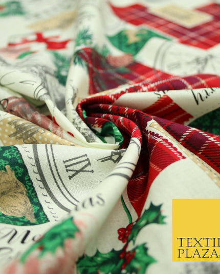 Cream Vintage Christmas Clock Conifer Tartan Check Patch 100% Cotton Fabric 5010