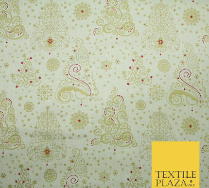 Cream Festive Metallic Gold Ornate Christmas Tree Stars 100% Cotton Fabric 5007