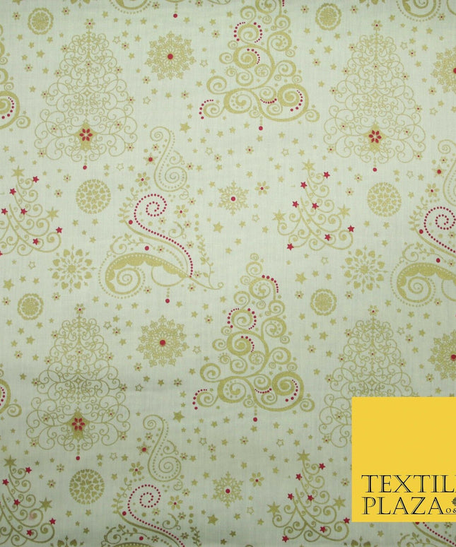 Cream Festive Metallic Gold Ornate Christmas Tree Stars 100% Cotton Fabric 5007