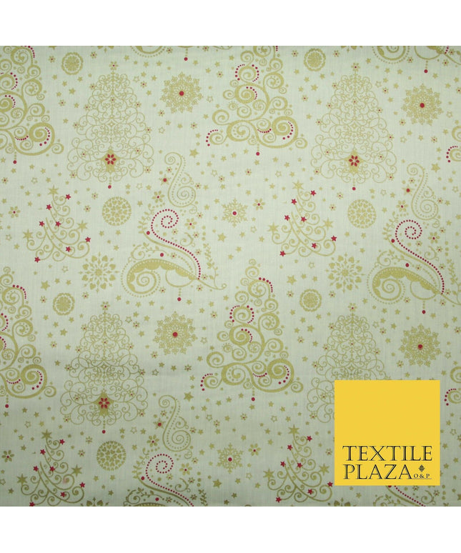 Cream Festive Metallic Gold Ornate Christmas Tree Stars 100% Cotton Fabric 5007