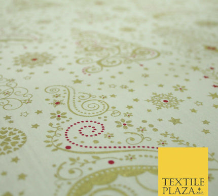 Cream Festive Metallic Gold Ornate Christmas Tree Stars 100% Cotton Fabric 5007