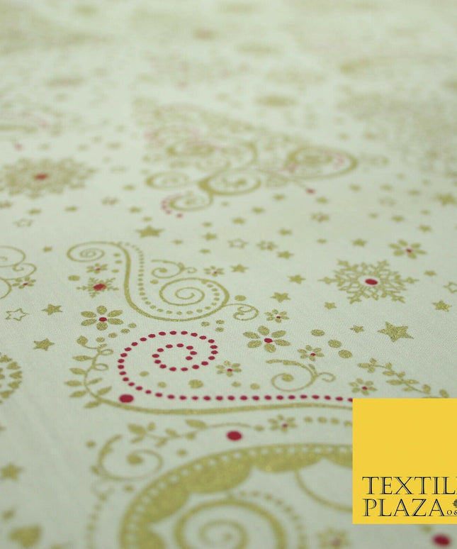Cream Festive Metallic Gold Ornate Christmas Tree Stars 100% Cotton Fabric 5007