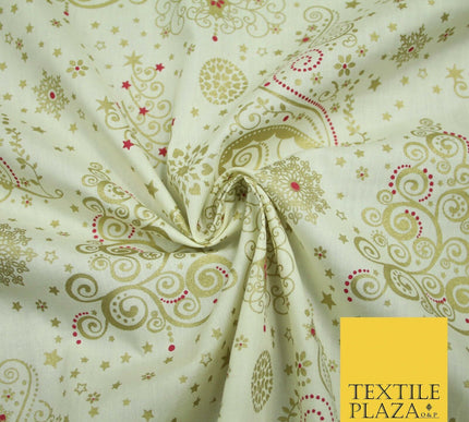 Cream Festive Metallic Gold Ornate Christmas Tree Stars 100% Cotton Fabric 5007